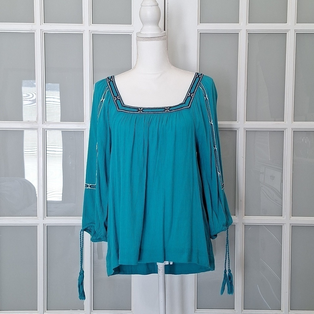 Crown & Ivy Teal Embroidered Square Neck Blouse